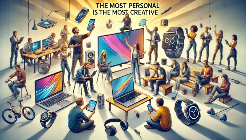 DALL%C2%B7E 2024 07 29 17.11.02 A wide horizontal image illustrating the concept the most personal is the most creative. The scene shows individuals expressing their unique styles